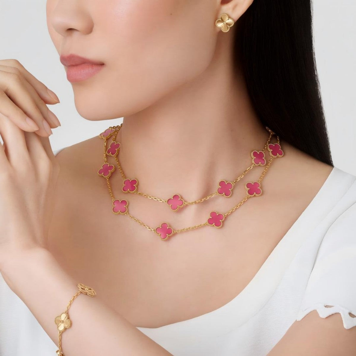 [Avelora jewelry] NEW CLOVER 20 MOTIFS PINK ENAMEL NECKLACE
