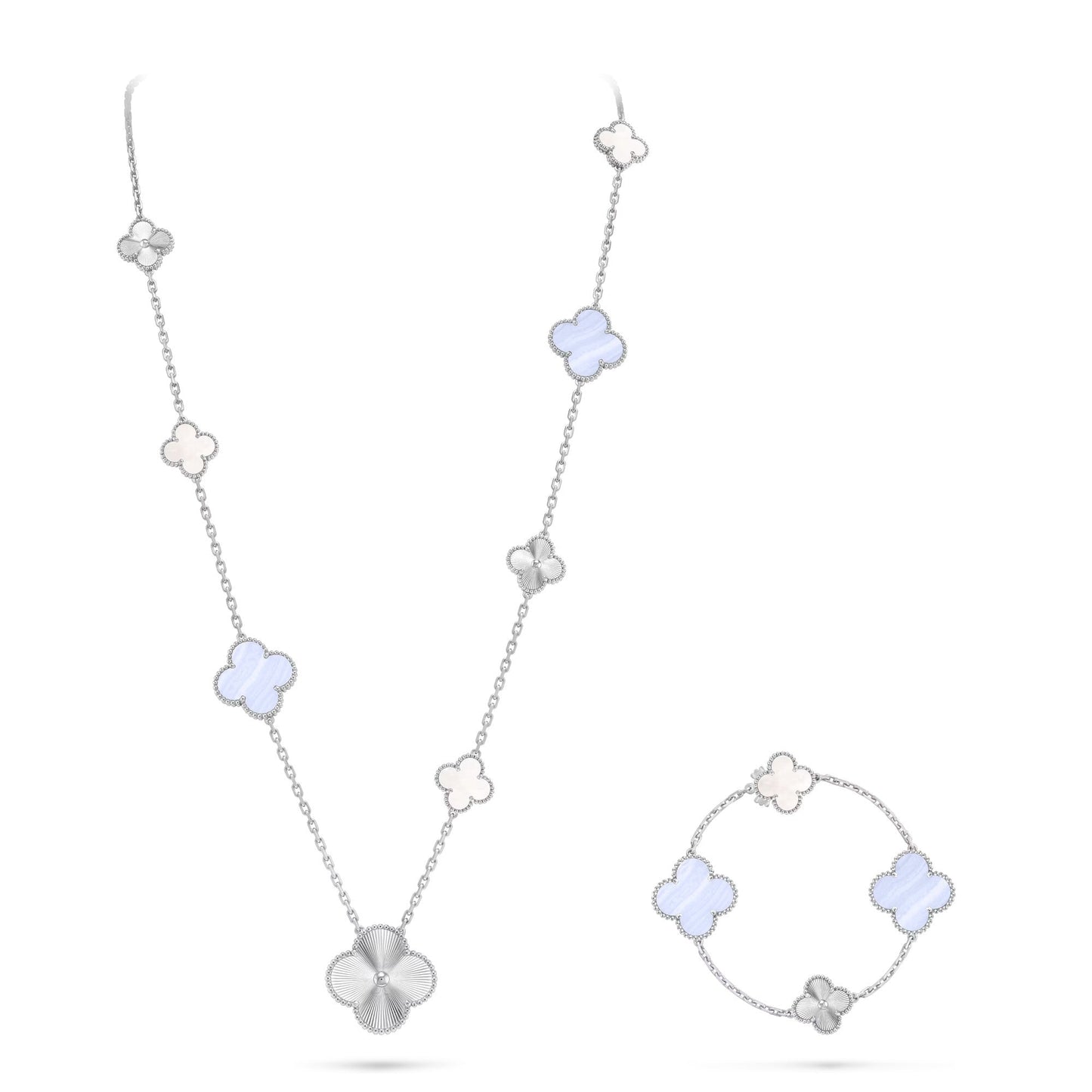 [Avelora]DETACHABLE 15-MOTIF CLOVER STATEMENT SET - PURPLE CHALCEDONY & LASER