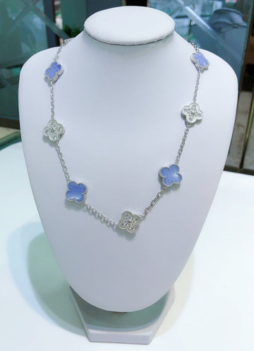 [Avelora Jewelry ]CLOVER 10 MOTIFS CHALCEDONY DIAMONDS SILVER NECKLACE